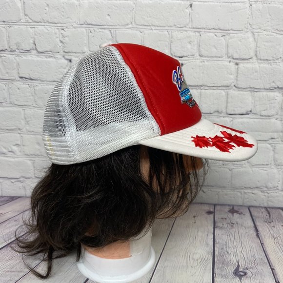 Vintage Trucker Hat Mesh Leaf Cap Snapback Red White BC Place Vancouver Canadian - Picture 4 of 9